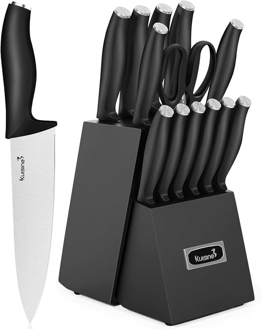 Kuisine Knife Set 15 pieces High Carbon Stainless Steel Professional Kitchen Knife block set with Sharpener Black