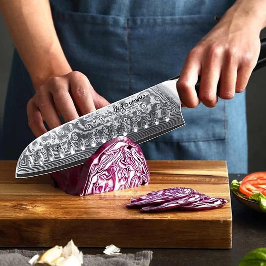 TURWHO Professional Santoku Knife 7 inch - Classic Damascus pattern Japanese VG-10 Steel Chef Knife