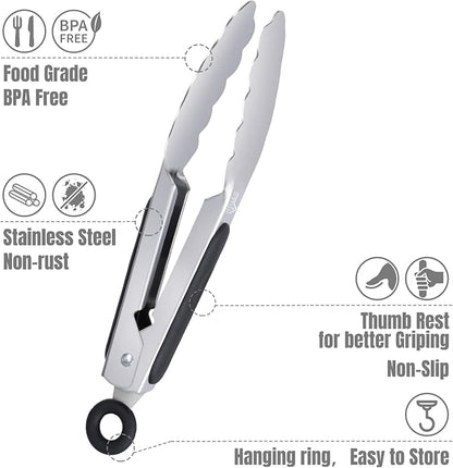 Hotec Mini Stainless Steel Kitchen Tongs for Cooking - 7-Inch Small Serving Tongs Metal Food Tongs Non-Slip Grip