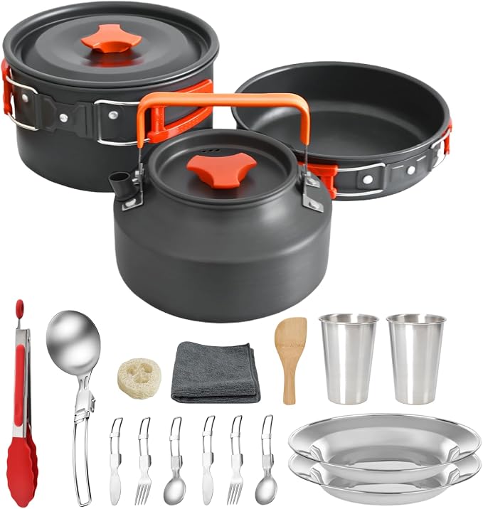 18Pcs Camping Cookware Mess Kit, Non-Stick Lightweight Camping Pots and Pans with 1.1L Kettle, 2 Set Stainless Steel Cups Plates Forks Knives Spoons for Backpacking, Hiking, Outdoor Cooking