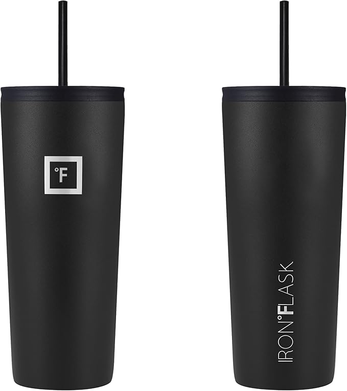 IRON °FLASK Classic Tumbler - Vacuum Insulated Stainless Steel Water Bottle, Double Walled, Drinking Cup, Insulated Travel Mug (Midnight Black, 24 oz Solid Lid)