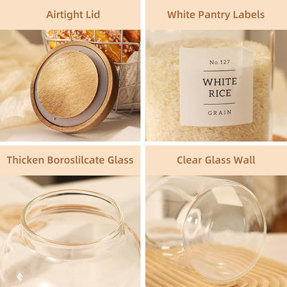 2 Pack Glass Food Storage Containers with Airtight Acacia Wood Lids and 132 Kitchen Pantey Labels Preprint - 43 LF OZ Borosilicate Glass Canister Sets for Food,Coffee,Cookie,Tea,Candy,Sugar
