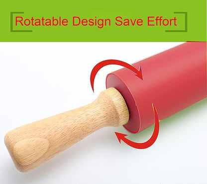 Red Rolling Pin, 9 Inch Silicon Rolling Pin with Wooden Handle for Kneading the Dough of Baking Bread, Pizza, Cookie, Noodles (red, 9 inch)