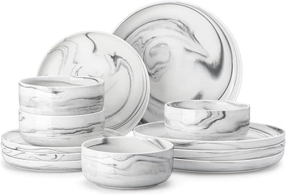 MALACASA Plates and Bowls Sets, 12 Pieces Porcelain Dinnerware Sets Dishware Sets Chip Resistant Ceramic Dish Set Dining Dinner Ware Service for 4, Marble Grey, Series LUNA