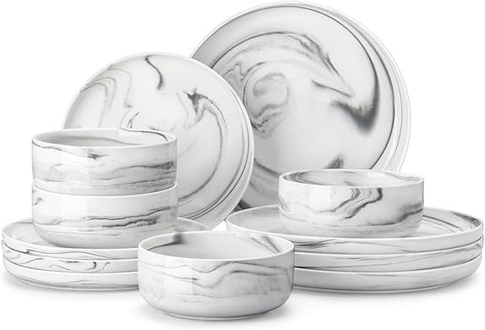 MALACASA Plates and Bowls Sets, 12 Pieces Porcelain Dinnerware Sets Dishware Sets Chip Resistant Ceramic Dish Set Dining Dinner Ware Service for 4, Marble Grey, Series LUNA