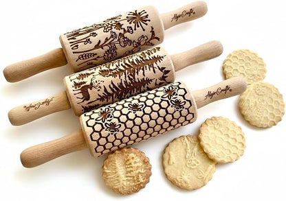 WILD 3 mini Embossed Rolling Pin Set with Bees, Meadow and Forest Patterns by Algis Crafts for Cookies and Pottery by Algis Crafts