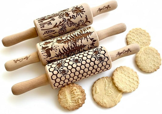 WILD 3 mini Embossed Rolling Pin Set with Bees, Meadow and Forest Patterns by Algis Crafts for Cookies and Pottery by Algis Crafts