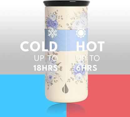 Elemental Artisan Insulated Tumbler, Triple Wall Coffee Travel Mug, Reusable Stainless Steel Coffee Tumbler with Ceramic Lid, Thermal Coffee Cups for Hot (6 Hrs) & Cold (18 Hrs), 16oz - Blue Blooms