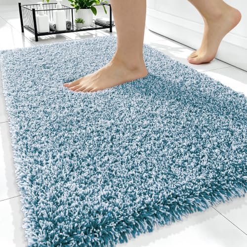 OLANLY Microfiber Soft Bathroom Rugs Mats 34x21, Peacock Blue and White