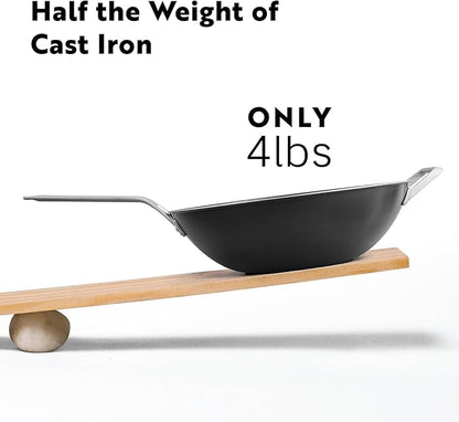 13 Inch Tri Ply Carbon Steel Wok Pan - Naturally Nonstick, Nitrided Carbon Steel - Lightweight, Non Toxic Cookware, No Coatings - Induction Wok, Oven, Outdoor Grill Cooking