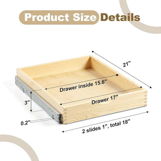 17" Pull Out Cabinet Drawer (Fits 18" Cabinet Opening), Wood Slide Out Cabinet Shelf Organizer with Ball Bearing Slides, Clear Lacquer Finish, Heavy Duty Kitchen Cabinet Pull Out Shelves