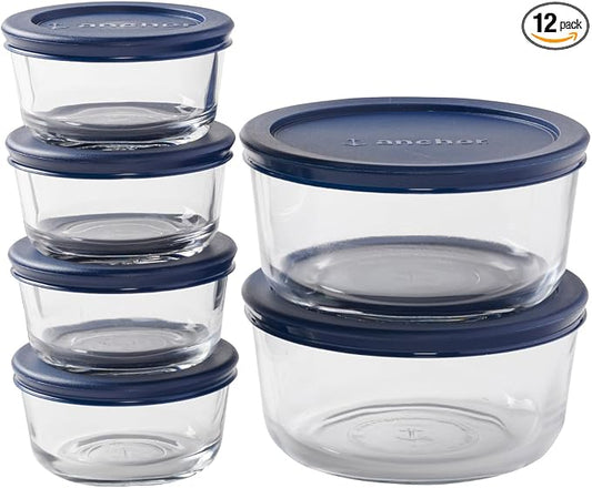 Anchor Hocking 12 Piece Glass Storage Containers with Lids (6 Glass Food Storage Containers & 6 Navy Blue SnugFit Lids)