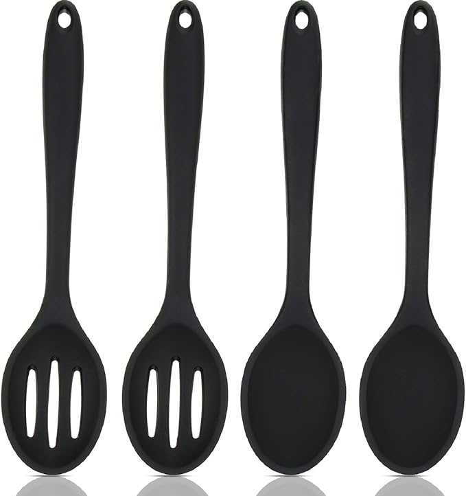 Boao 4 Pcs Silicone Spoons for Cooking 10.6 Inch Large Nonstick Serving Spoons Heat Resistant Slotted Spoon for Mixing & Stirring Kitchen Cooking Utensils, Dishwasher Safe(Black)