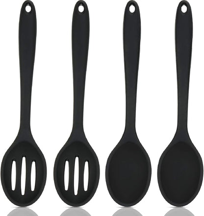 Boao 4 Pcs Silicone Spoons for Cooking 10.6 Inch Large Nonstick Serving Spoons Heat Resistant Slotted Spoon for Mixing & Stirring Kitchen Cooking Utensils, Dishwasher Safe(Black)