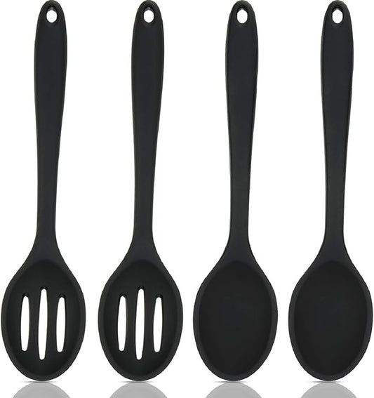 Boao 4 Pcs Silicone Spoons for Cooking 10.6 Inch Large Nonstick Serving Spoons Heat Resistant Slotted Spoon for Mixing & Stirring Kitchen Cooking Utensils, Dishwasher Safe(Black)