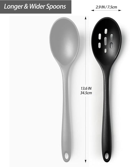 Silicone Slotted Spoons for Cooking - Extra Large Kitchen Spoons for Mixing, Serving, & Stirring - 600°F Heat-Resistant Non Stick Utensils Skimmer- Dishwasher Safe, Slotted, Black