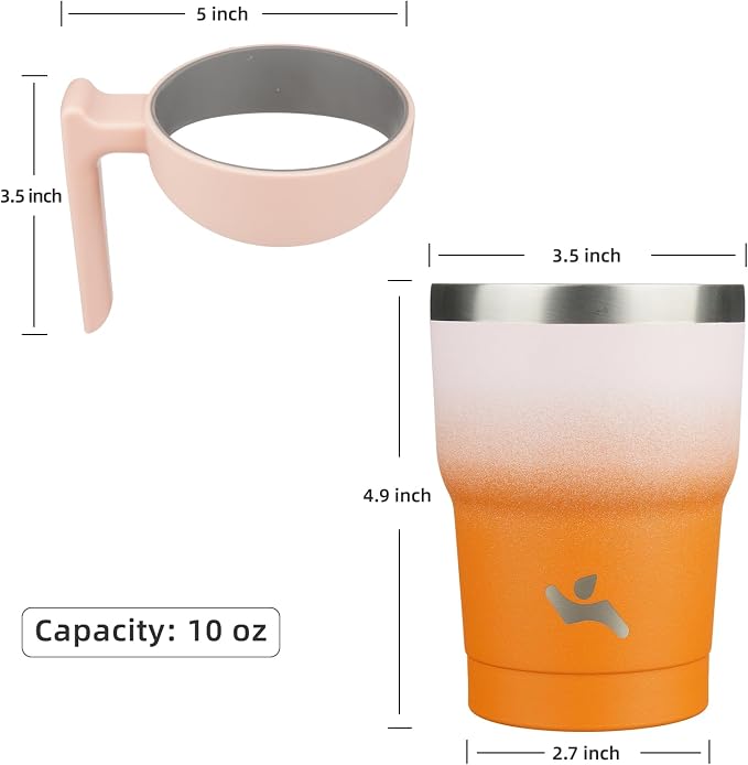 Konokyo 10 oz Tumbler with Handle and 2 Straw 2 Lid, Insulated Water Bottle Stainless Steel Vacuum Cup Reusable Travel Mug,Coral