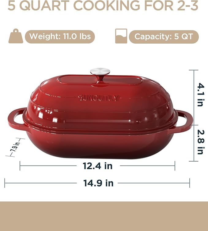 Enameled Cast Iron Bread Oven, 5QT Cast Iron Dutch Oven for Homemade Sourdough Bread Baking, Oval Bread Pot with Dome Lid & Cotton Potholders, Cherry Red