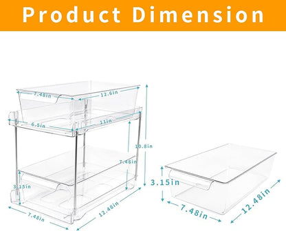 4Pack 2-Tier Bathroom Storage Organizer, Clear Under Sink Organizers Kitchen Vanity Counter Storage Container, Medicine Cabinet Drawers Bins, Pull-Out Organization with Track for Pantry