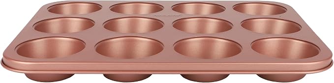 David Burke 12-Cup Muffin Pan, Carbon Steel, PFTE & PFOA Free, Oven Safe, Diamond Textured Surface – Rose Gold