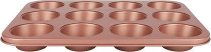 David Burke 12-Cup Muffin Pan, Carbon Steel, PFTE & PFOA Free, Oven Safe, Diamond Textured Surface – Rose Gold