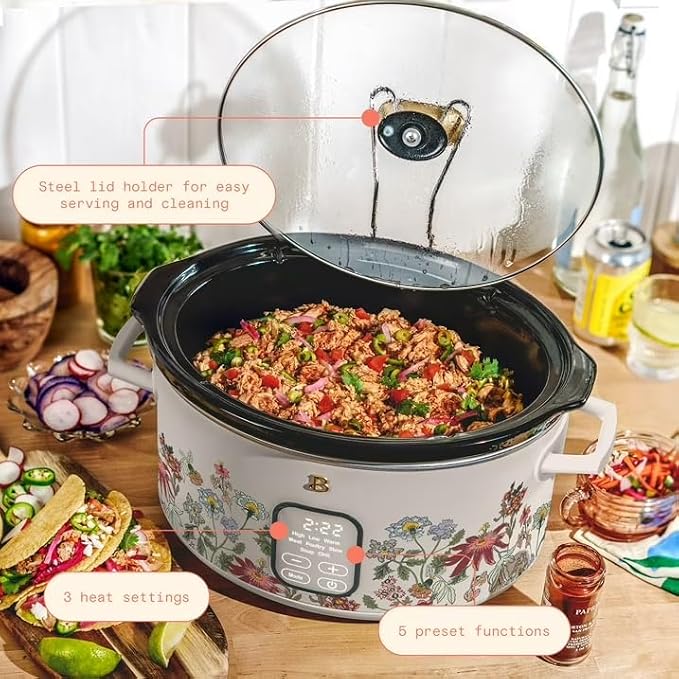 B 6 Qt Programmable Slow Cooker with Digital Timer, 5 Cooking Functions, Removable Ceramic Pot, Tempered Glass Lid, Dishwasher Safe (Wildflower Porcini Taupe)