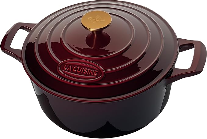 La Cuisine Enameled Cast Iron Dutch Oven Casserole Pot with Lid 6.5 QT 11" /28cm Dia. Internal Matt Black Enamel Coating Gold-Plated SS Lid Handle Oven Safe up to 500° F for bread baking, Cranberry