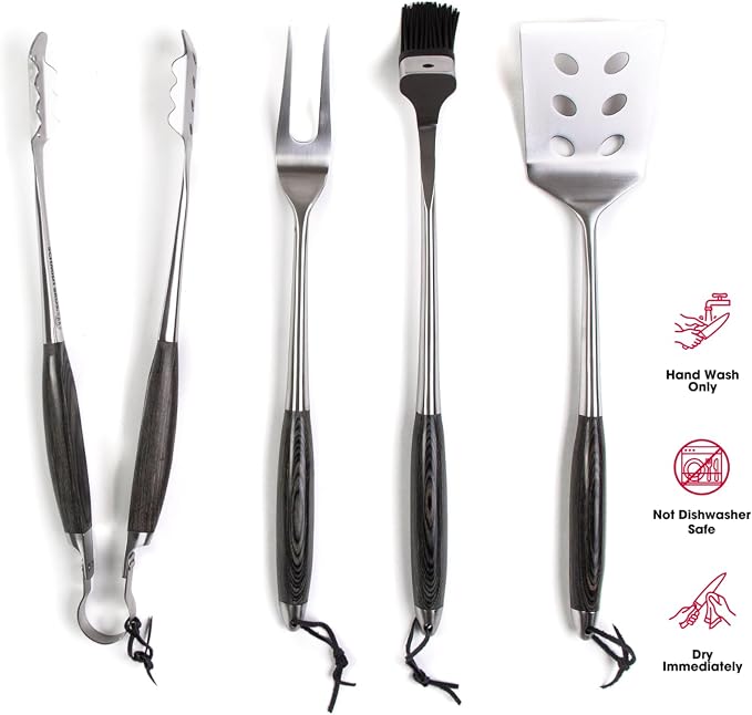 Schmidt Brothers - BBQ Ash 4 Piece Grill Set, Full-Forged Stainless Steel Grilling Utensils Including Spatula, Fork, Basting Brush, and Tongs with All Wood Handles