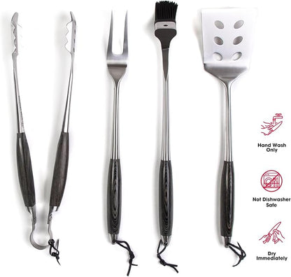 Schmidt Brothers - BBQ Ash 4 Piece Grill Set, Full-Forged Stainless Steel Grilling Utensils Including Spatula, Fork, Basting Brush, and Tongs with All Wood Handles