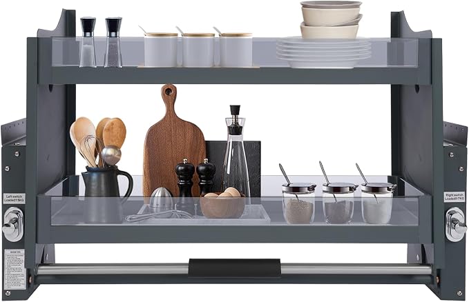 Pull Down Shelf for Upper Cabinets, 2-Tier Drop Down Cabinet Organizer, Kitchen Spice and Dishes Pull Down Storage Shelf, High Cabinet Pull-Out Organizer for Snack, Bowl (Dark Grey, 30in)