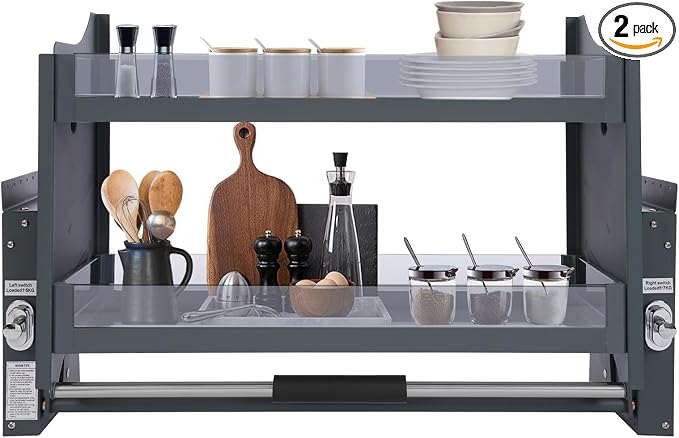 Pull Down Shelf for Kitchen Upper Cabinet,2-Tier Pull Down Cabinet Organizer,Pull-Down Shelf for Kitchen Upper Cabinets,26.4 Lbs Load Capacity (30.08 * 10.24 * 21.65in)