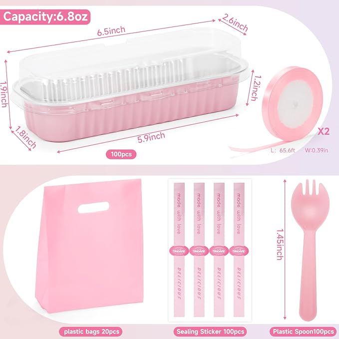 6.8oz Mini Loaf Pans with Lids, 100 Pcs Disposable Rectangular Aluminum Cake Pans, Pink Mini Baking Pans with Lids and Spoons, Includes 20 Pink Gift Bags, Small Cake Tins Ideal for Mini Cakes