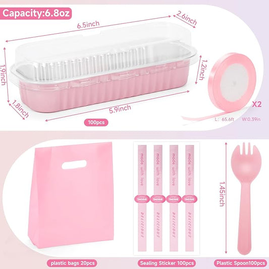 6.8oz Mini Loaf Pans with Lids, 100 Pcs Disposable Rectangular Aluminum Cake Pans, Pink Mini Baking Pans with Lids and Spoons, Includes 20 Pink Gift Bags, Small Cake Tins Ideal for Mini Cakes