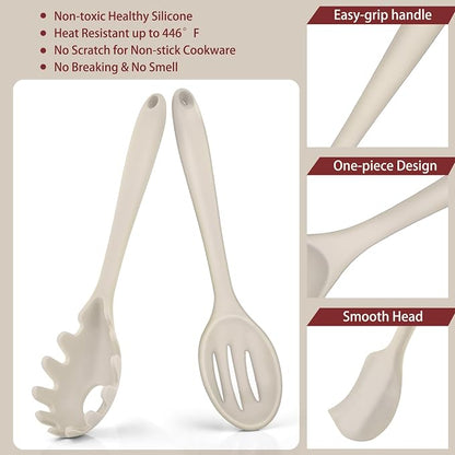 P&P CHEF Silicone Cooking Utensils Set of 7, Heat-proof Kitchen Utensils Set for Nonstick Cookware, Non-stick Spatula, Slotted Turner, Soup Ladle, Pasta Server, Spoon for Cooking Serving - Khaki