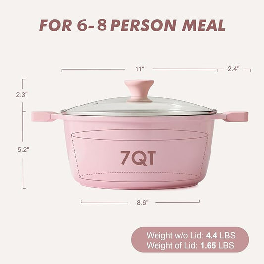 SENSARTE Ceramic Nonstick Stock Pot with Lid, 7 Quart Induction Cooking Pot with Tempered Glass Lid, Stew Pot for Soup and Oatmeal, Pasta Casserole, PFOA PFAS PTFE Free, Pink