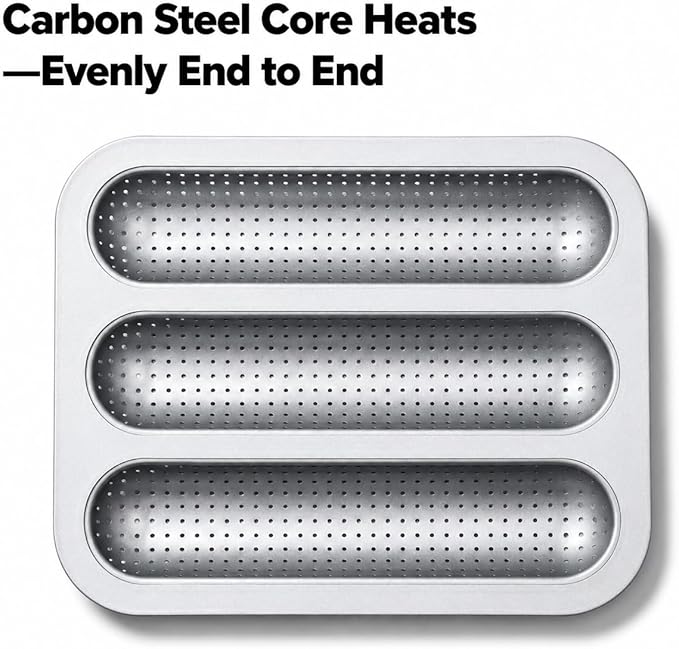 Metal Sub Roll & Hoagie Roll Baking Pan 12 inch, 3-Slot Perforated French Bread & Mini Baguette Pan, Nonstick Carbon Steel Bread Baking Tray for Homemade Subs & Sandwich Rolls