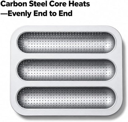Metal Sub Roll & Hoagie Roll Baking Pan 12 inch, 3-Slot Perforated French Bread & Mini Baguette Pan, Nonstick Carbon Steel Bread Baking Tray for Homemade Subs & Sandwich Rolls
