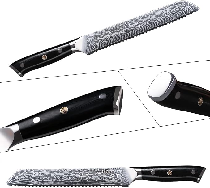 TURWHO Professional serrated Bread Knife 8 Inch - Classic Damascus pattern Japanese VG-10 Steel Kitchen Knives