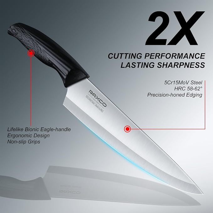 RAXCO 15-Piece Knife Sets with Block for Kitchen,Dishwasher Safe,Black | 6 Chef's Knives,6 Steak Knives,Kitchen Scissor,Stylish Block with Built-in Sharpener,Ergonomic Grips,Space-saving.