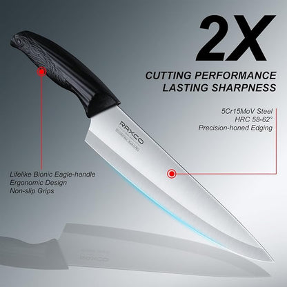 RAXCO 15-Piece Knife Sets with Block for Kitchen,Dishwasher Safe,Black | 6 Chef's Knives,6 Steak Knives,Kitchen Scissor,Stylish Block with Built-in Sharpener,Ergonomic Grips,Space-saving.