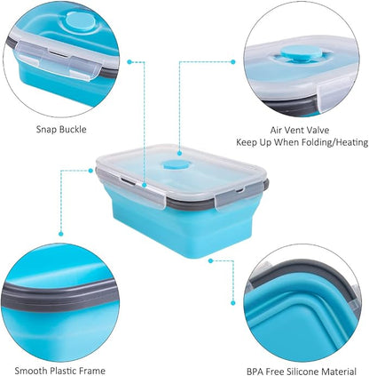 Collapsible Food Storage Containers with Airtight Lid & Air Vent, 4 Sizes, Kitchen Stacking Silicone Collapsible Meal Prep Container Set for Leftover, Microwave Freezer Dishwasher Safe, Blue, Set of 4