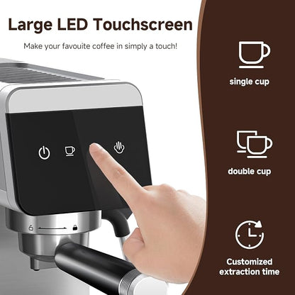 AMZCHEF Espresso Machine 20 Bar, Compact Coffee Maker with LED Touch Screen & Milk Frother, Brushed Stainless Steel Housing Espresso Maker for Home & Office, Coffee Machine for Cappuccino, Latte