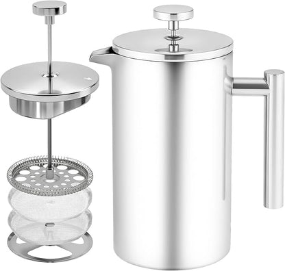 French Press Coffee Maker, 304 Grade Stainless Steel French Press with 2 Extra Filters for Home, Office, Travel, Camping - 34OZ/1 Litre (Sliver)