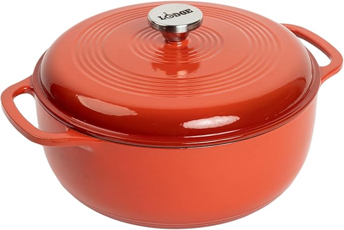 Lodge Essential Enamel Cast Iron Dutch Oven 6 Quarts - Perfect for Bread Baking, Braising, Marinating & Slow Cooking, Features Moisture-Sealing Lid & Dual Handles, Kitchen Essentials, Poppy