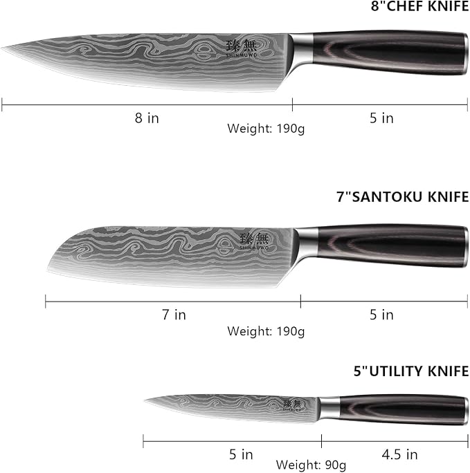 3-Piece Kitchen Knife Set, High Carbon Stainless Steel Blades with Wave Pattern, Ergonomic Pakkawood Handle - Includes 8" Chef, 7" Santoku & 5" Utility Knives