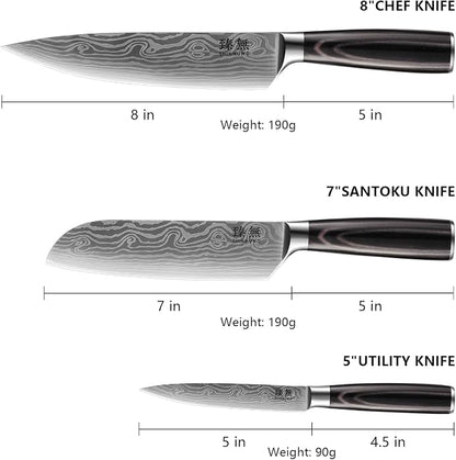 3-Piece Kitchen Knife Set, High Carbon Stainless Steel Blades with Wave Pattern, Ergonomic Pakkawood Handle - Includes 8" Chef, 7" Santoku & 5" Utility Knives