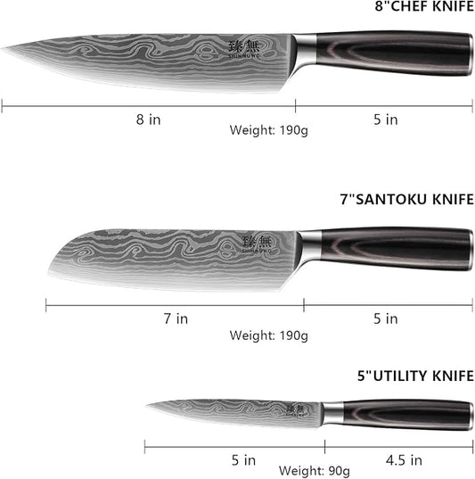 3-Piece Kitchen Knife Set, High Carbon Stainless Steel Blades with Wave Pattern, Ergonomic Pakkawood Handle - Includes 8" Chef, 7" Santoku & 5" Utility Knives