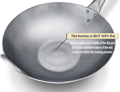 Craft Wok Flat Hand Hammered Carbon Steel Pow Wok with Wooden and Steel Helper Handle (12 Inch, Flat Bottom) / 731W316-12in