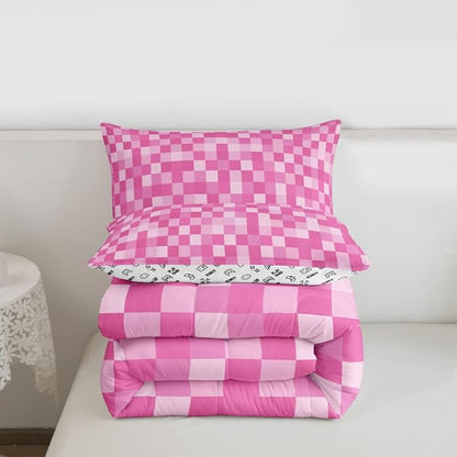 Manfei Pixelated Style Kids Comforter Toddler Size,Geometric Square Grid Quilt Set for Kids Boys Girls Bedroom Decor,Video Games Miners Bedding Set,Pink Duvet Insert,1 Pillowcase