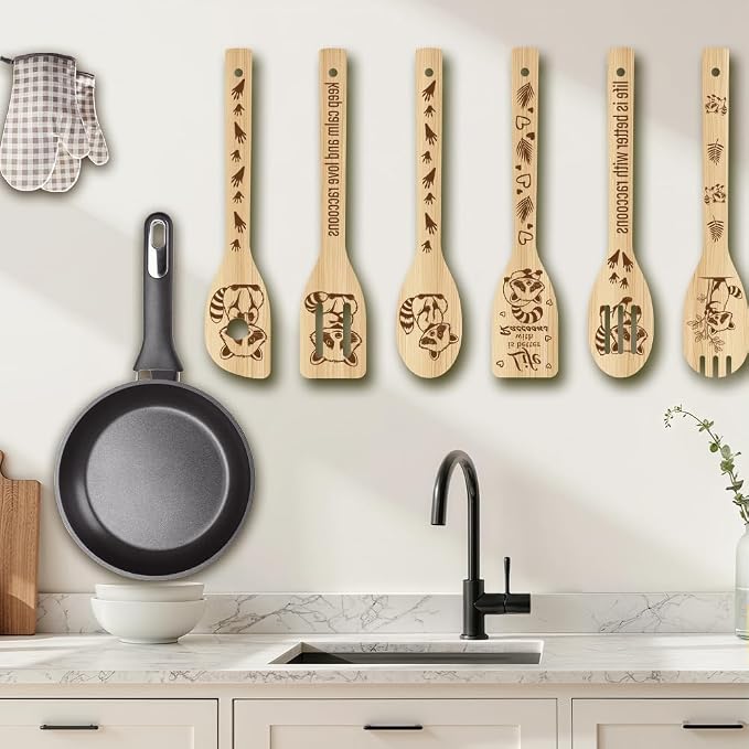 6Pcs 6 Styles Animal Cooking Spoon for Kitchen 11.8 x 2.4 Inch Bamboo Cooking Utensils Durable Wood Raccoon Kitchen Spoon Set for Housewarming Wedding Birthday Gift Farmhouse Home Decor